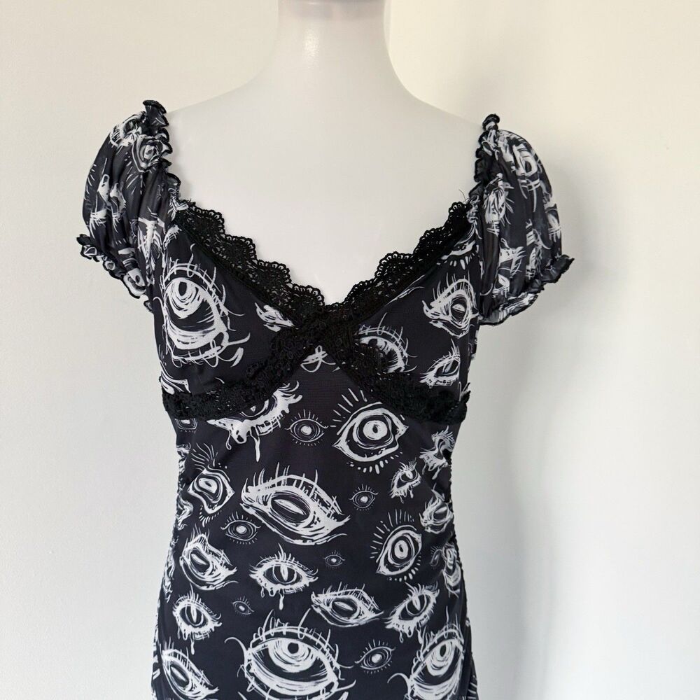Grunge Punk Eye Eyeball Goth Drawstring Cinched Black Dress L Large Ruched - Picture 14 of 16